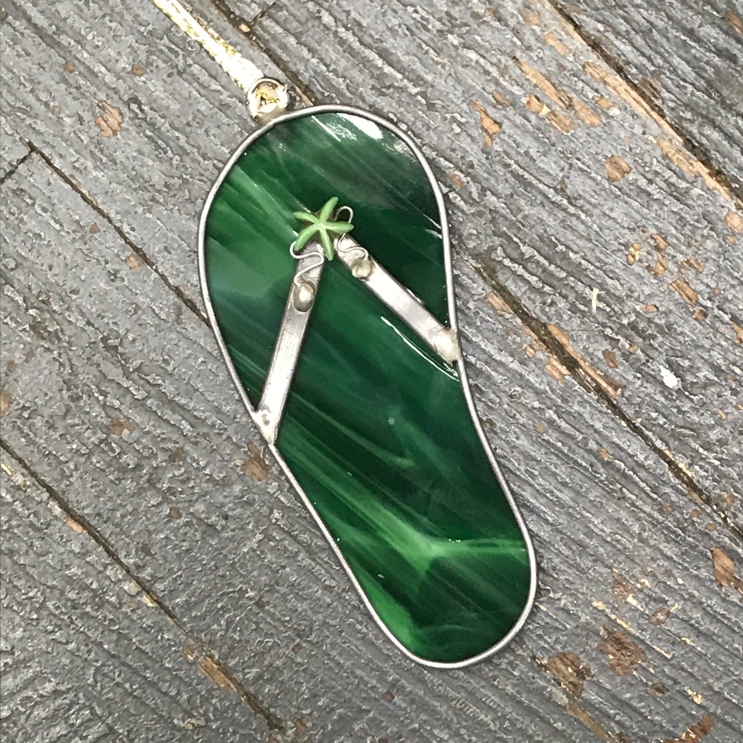 Stained Glass Sun Catcher Ornament Dark Green Flip Flop Sandal