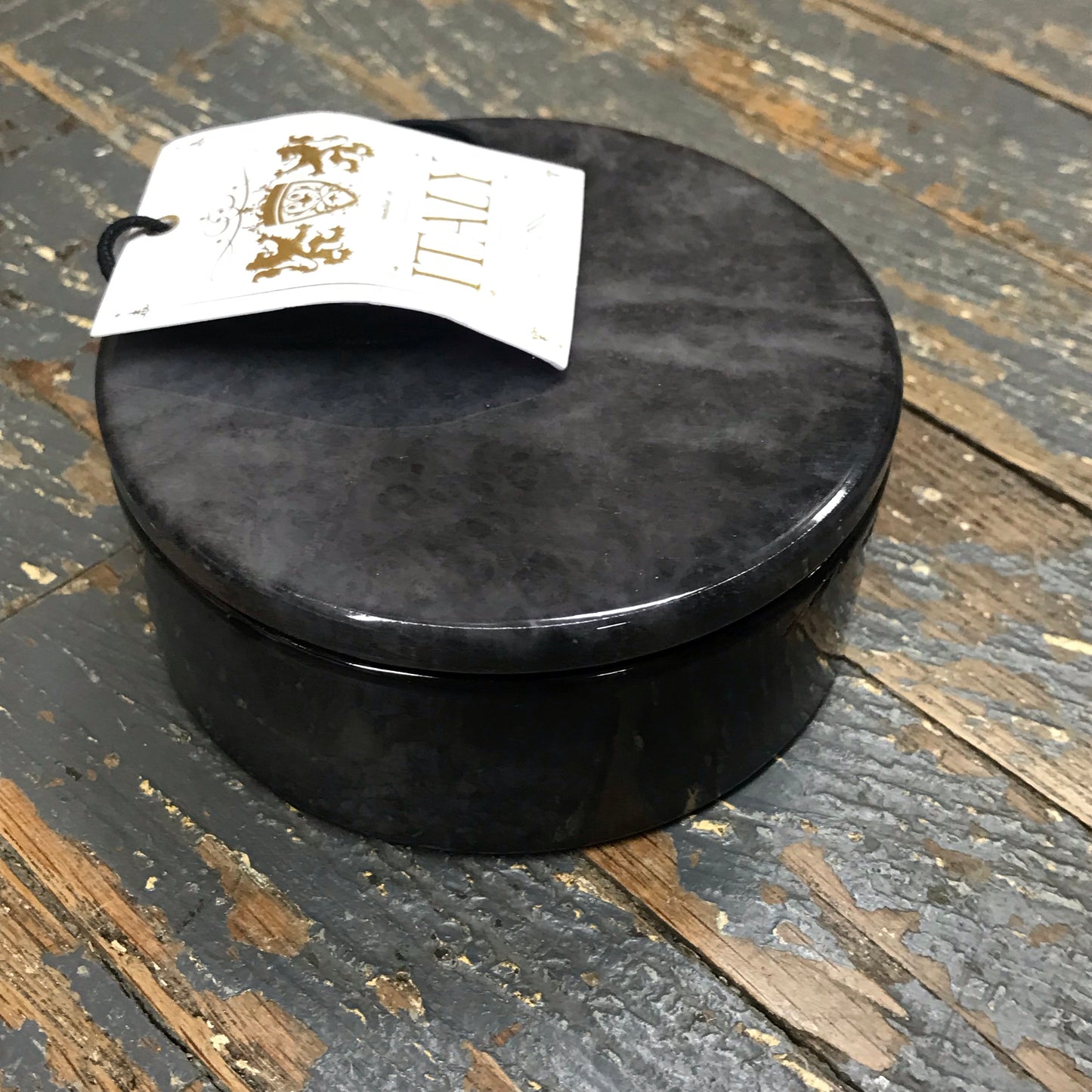 Genuine Volterra Alabaster Italian Swivel Top Trinket Box Flat Round Charcoal Black