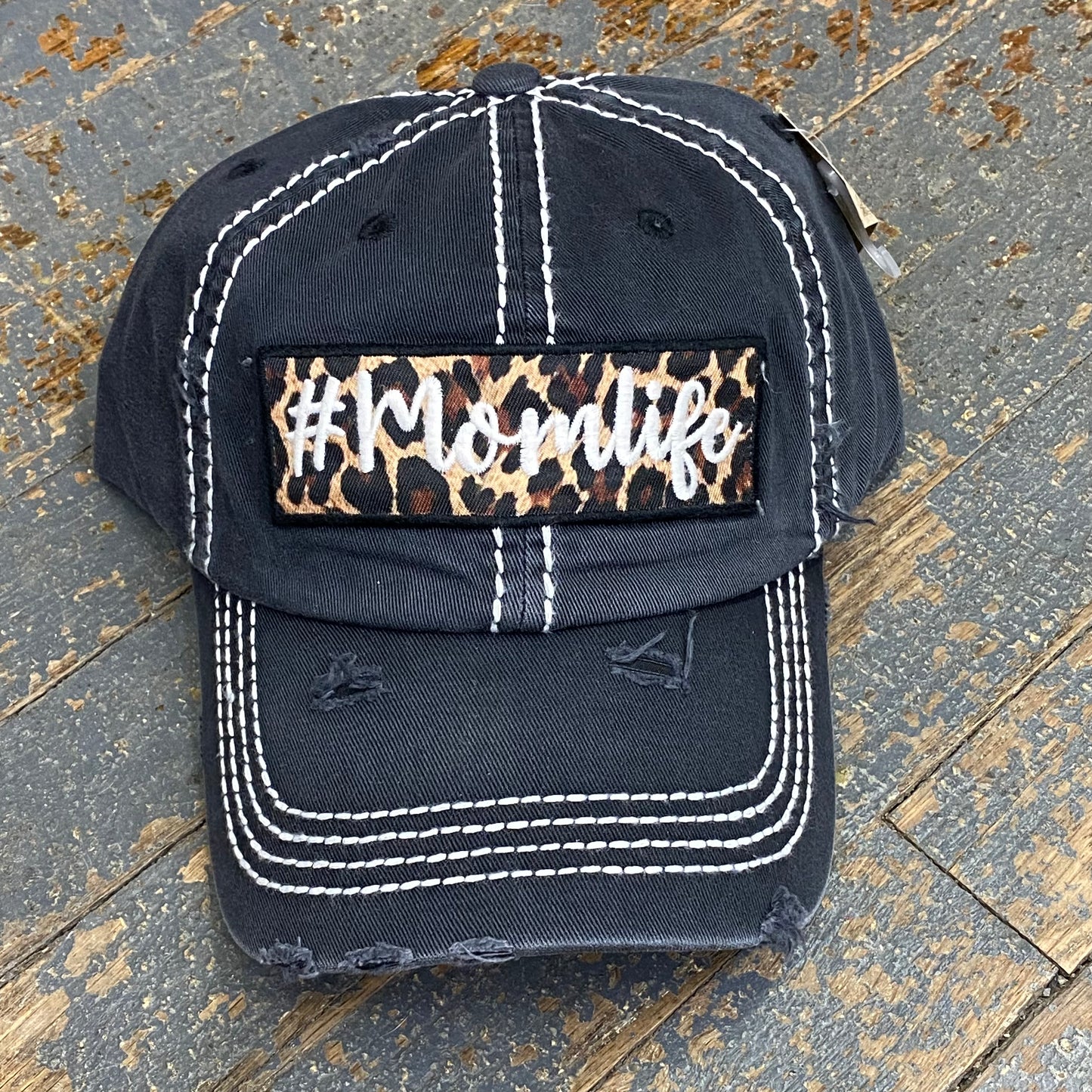 #MomLife Leopard Patch Rugged Black Embroidered Ball Cap