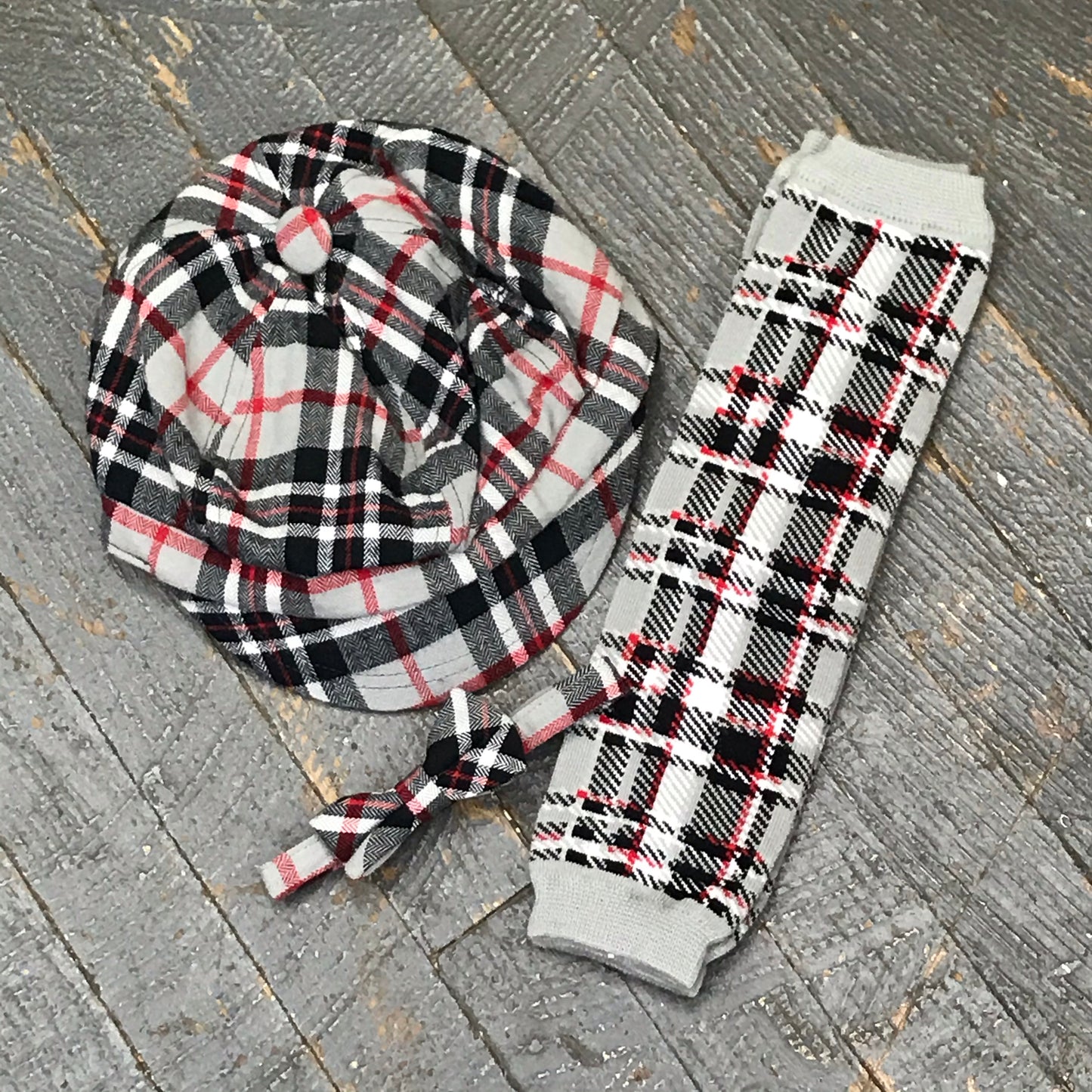 Infant Toddler Baby Cabbie Hat Tie Legwarmer Set Grey Red Plaid