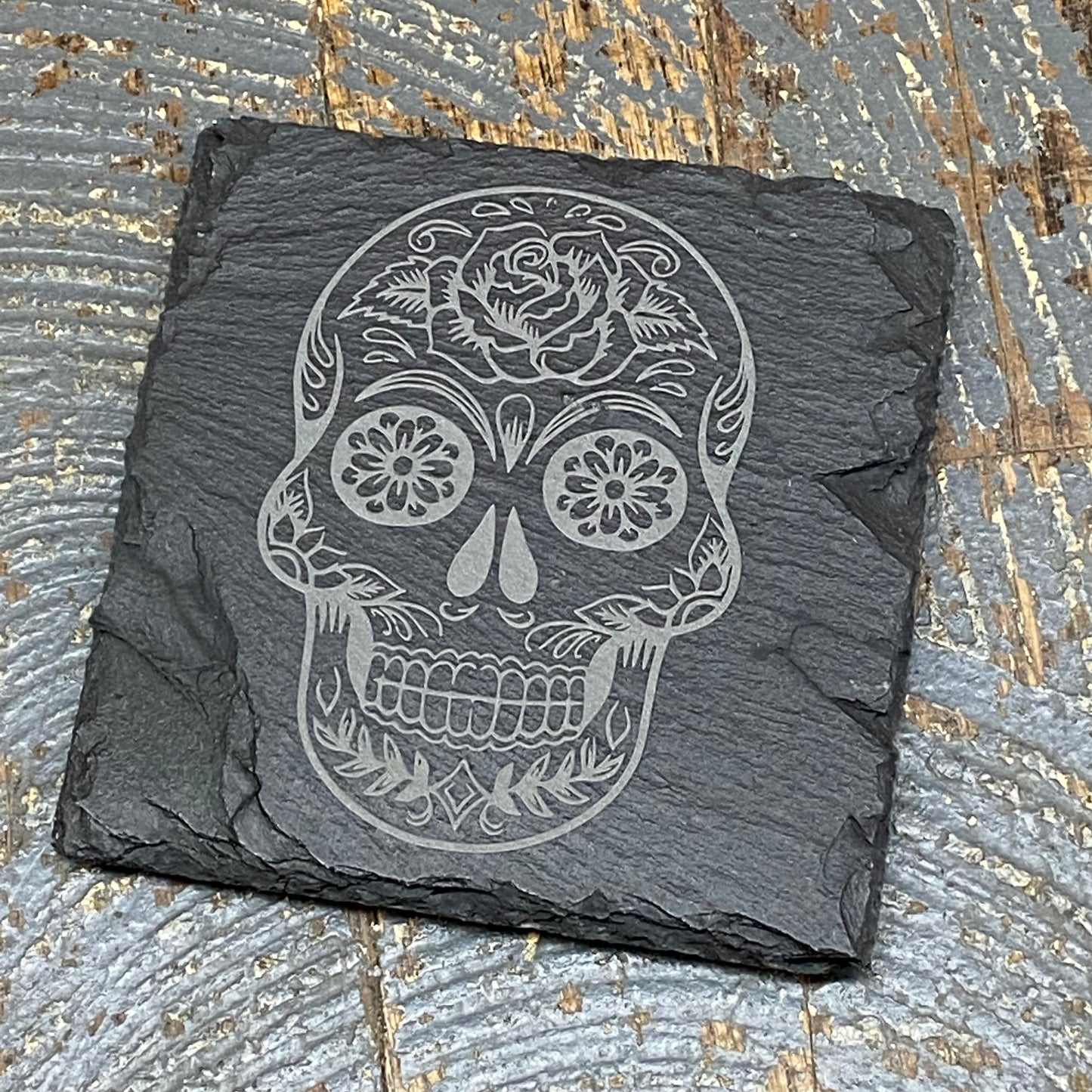 Laser Engraved Slate Tile Coaster Sugar Skull