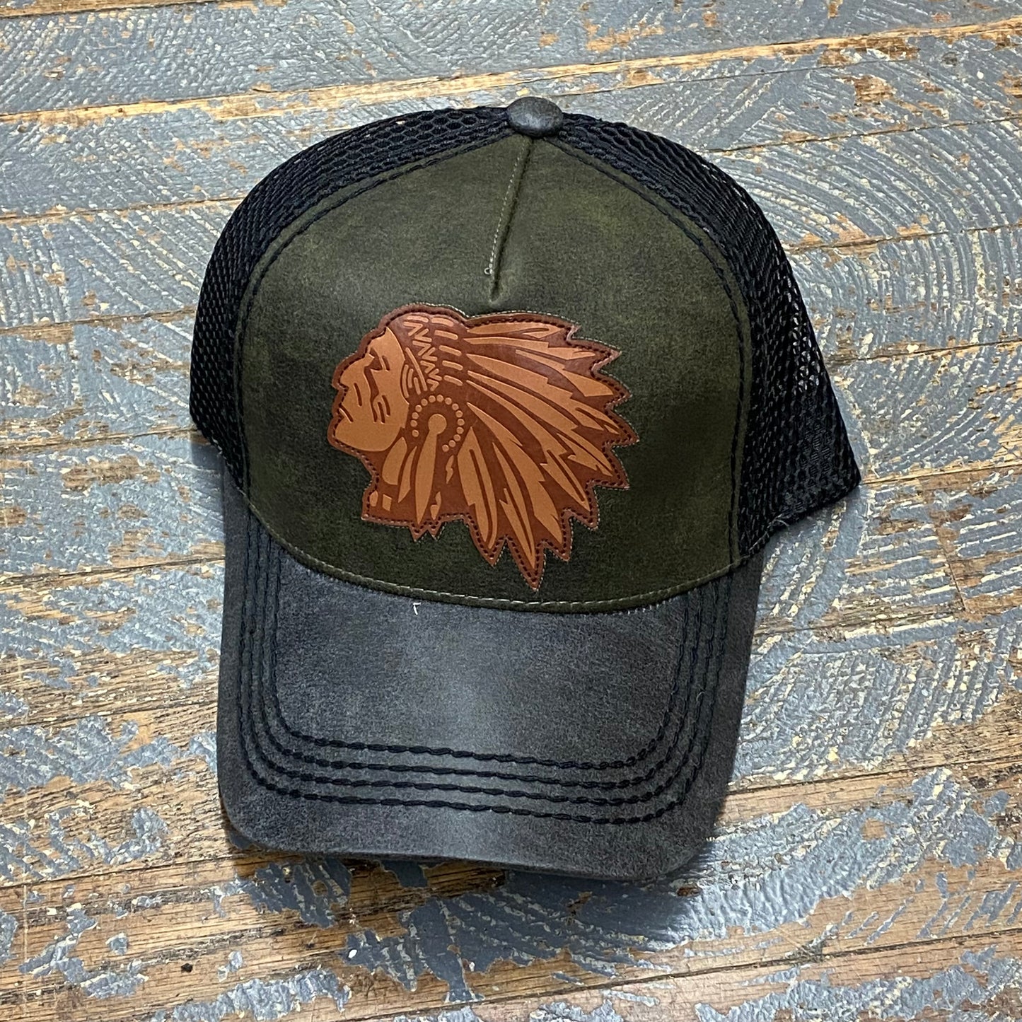 Indian Head Leather Patch Green Leather Trucker Ball Cap