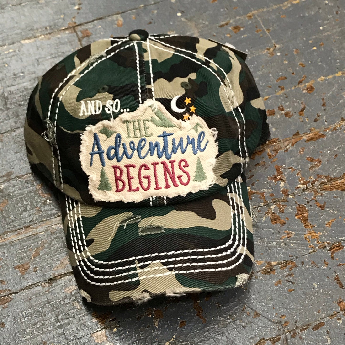And So The Adventure Begins Patch Rugged Army Camo Embroidered Ball Cap