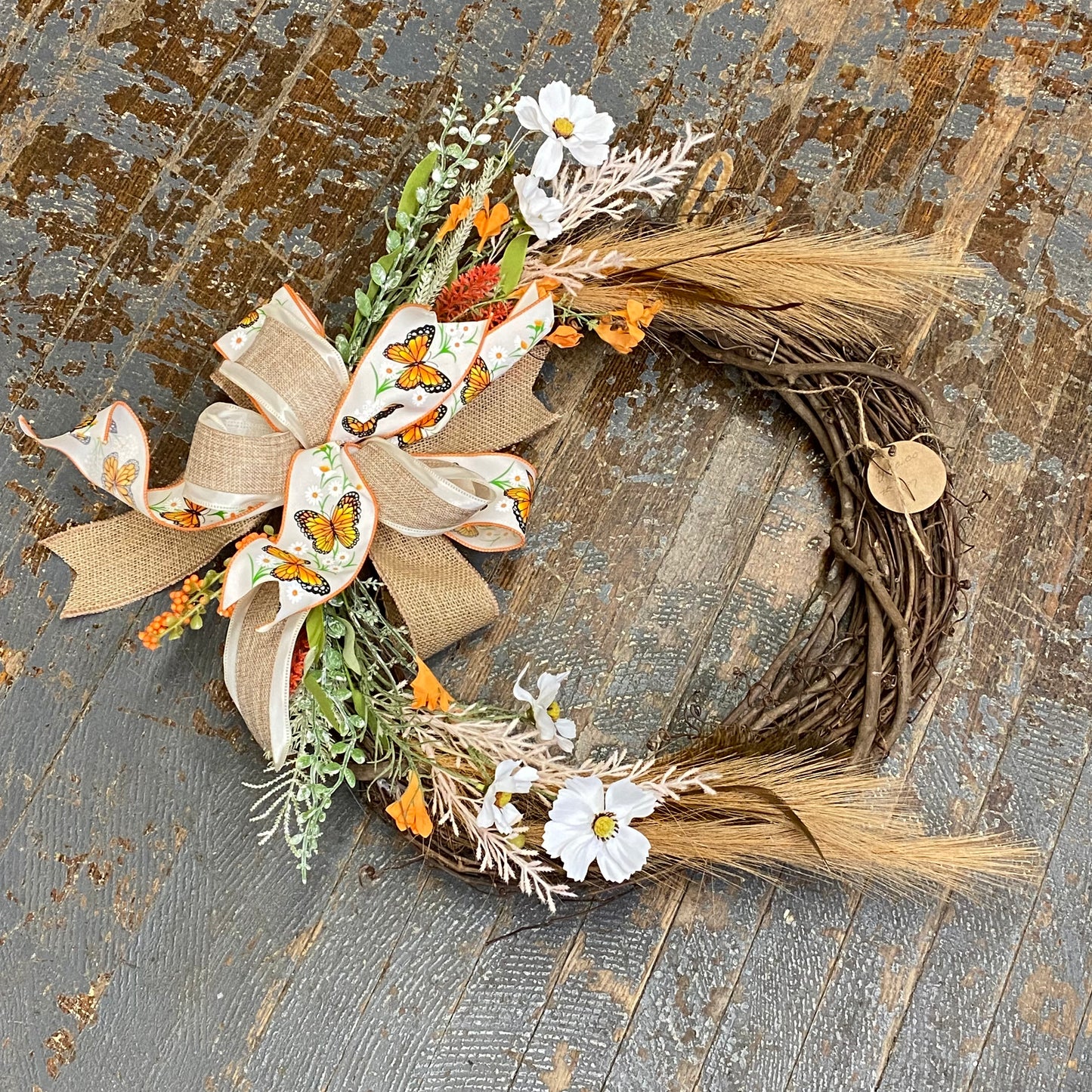 Orange Spring Floral Butterfly Grapevine Holiday Wreath Door Hanger