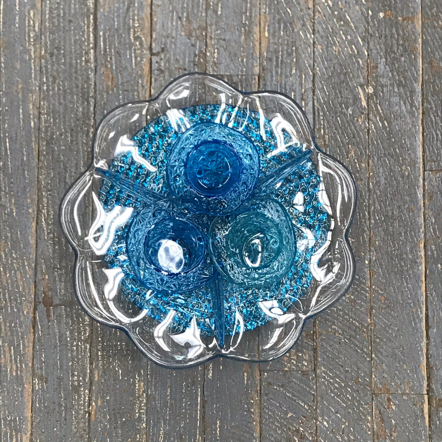 Depression Glass Garden Flower Large Blue Diamond Trio Vase