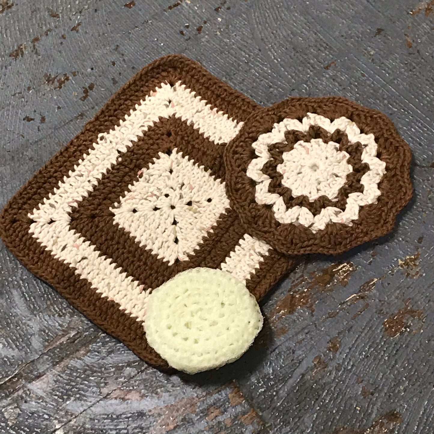 Crocheted Kitchen Set Dishcloth Rag Pot Holder Scrubbie Combo Brown Tan