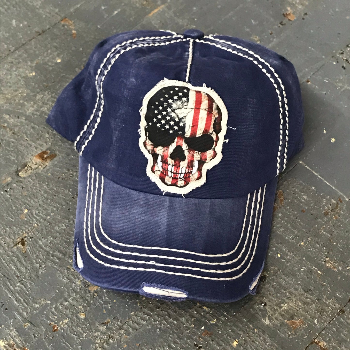 American Flag Skull Rugged Patch Navy Embroidered Ball Cap