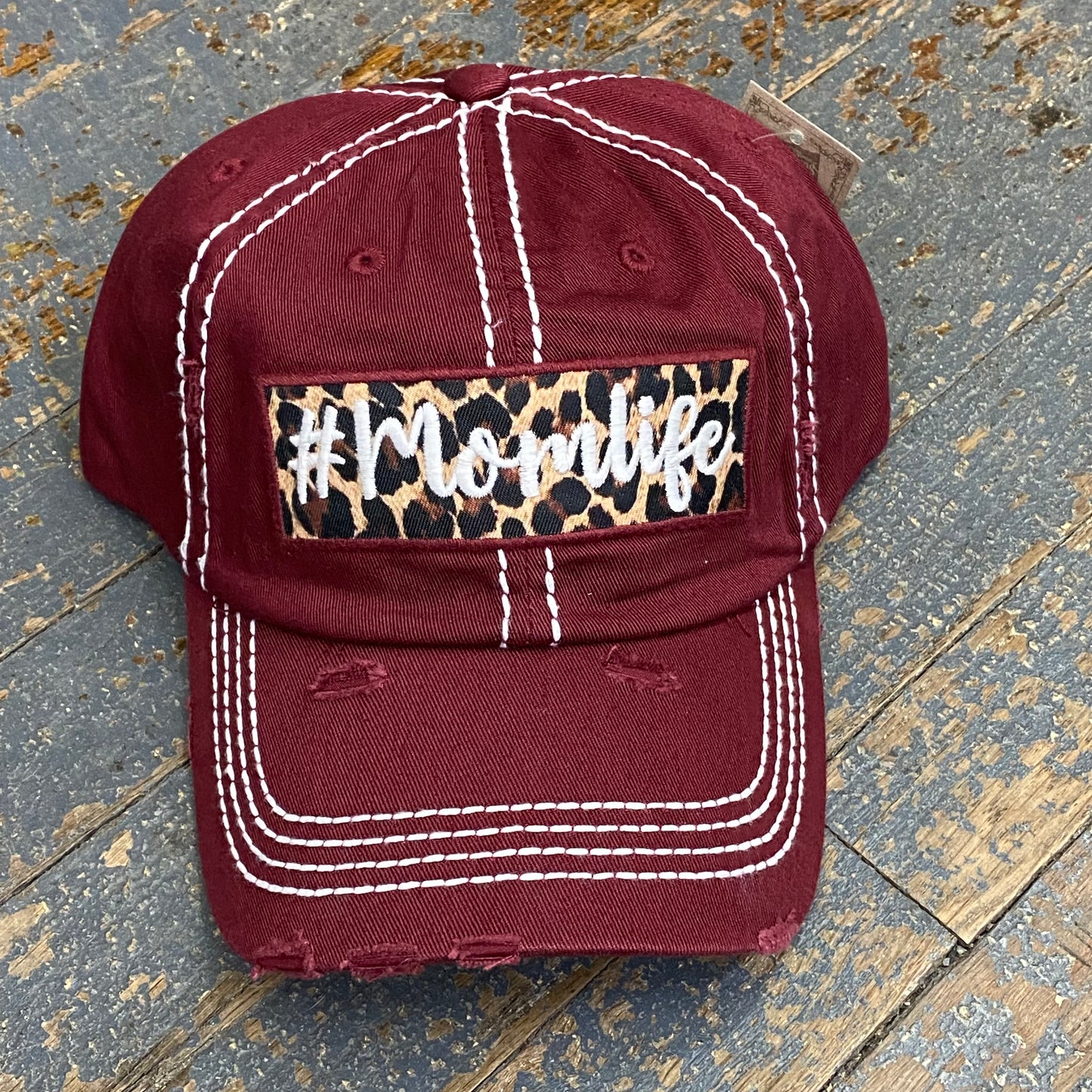 #MomLife Leopard Patch Rugged Burgundy Embroidered Ball Cap