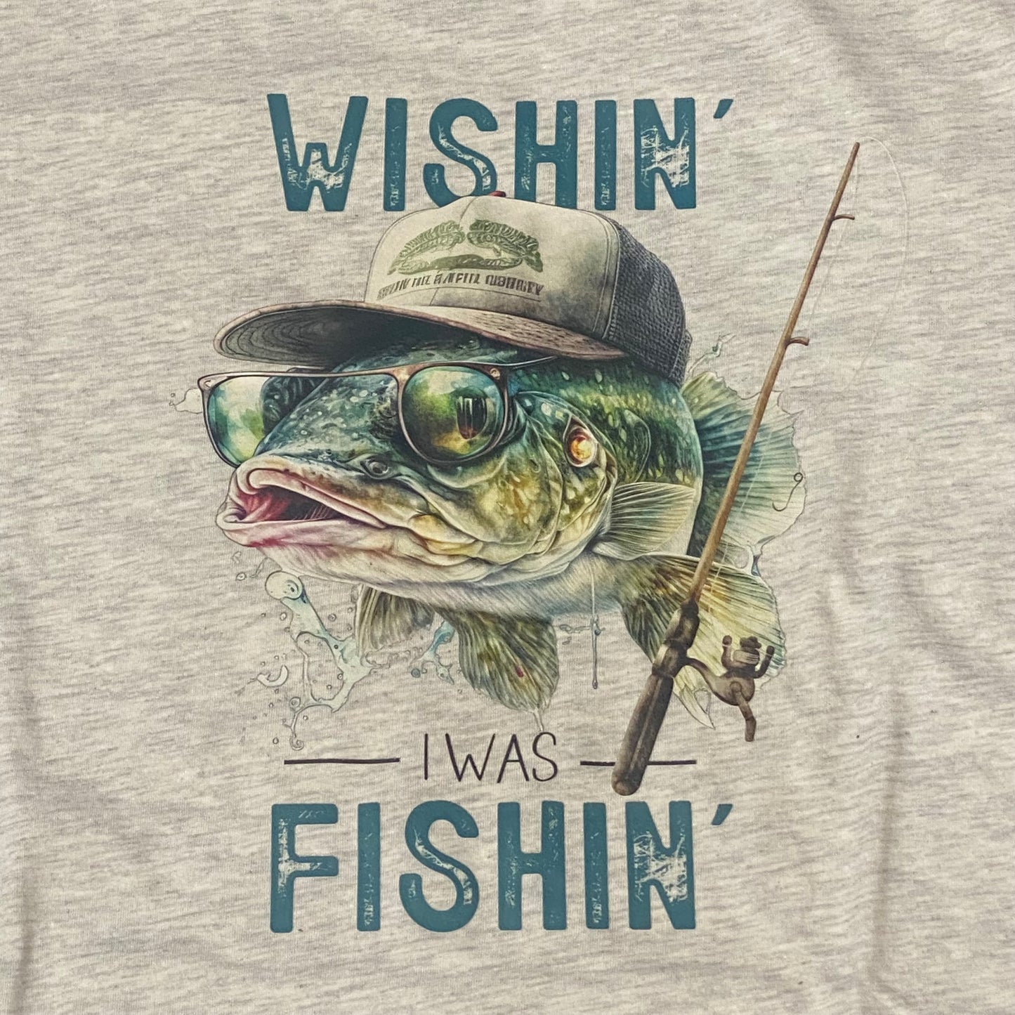 Wishin I was Fishin Short Sleeve T-Shirt Grey Graphic Designer Tee Back