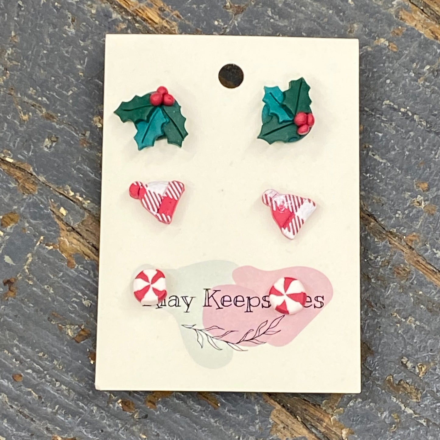 Clay 3 Pair Winter Holly Beanie Peppermint Post Earring Set