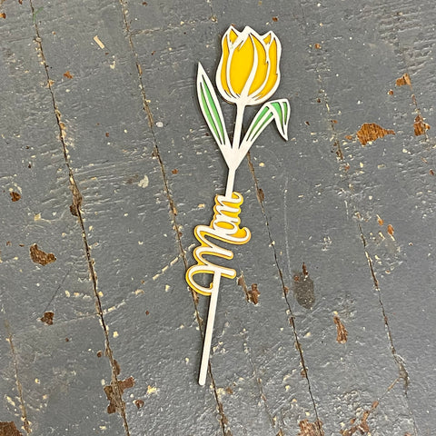 Flower Mom Dimensional Wood Engraved Marker Plant Stake Yellow