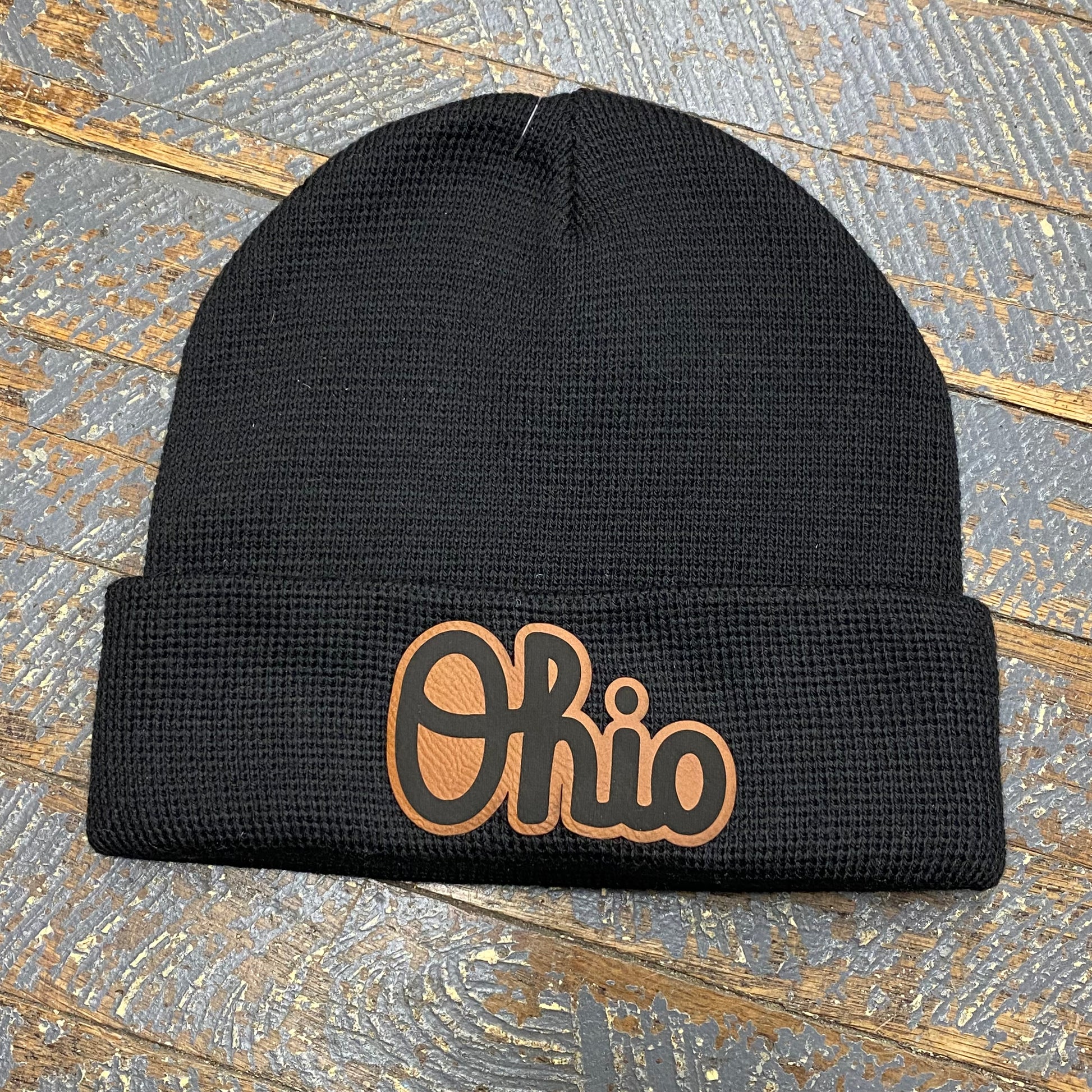 OHIO Script Leather Patch Beanie Ball Cap Black