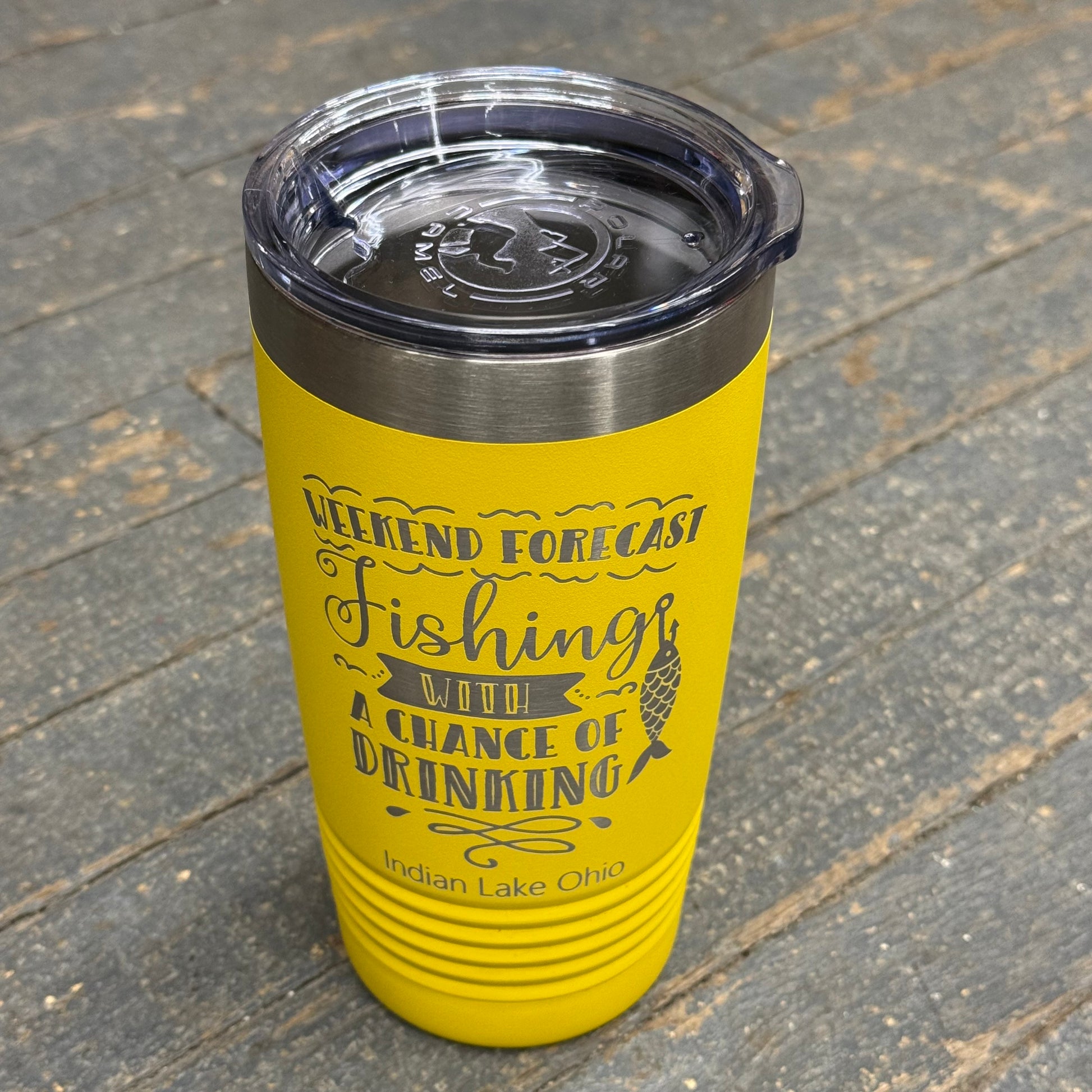 Weekend Forecast Fishing Indian Lake Ohio Laser Engraved Stainless Steel 20oz Wine Beverage Drink Travel Tumbler Yellow