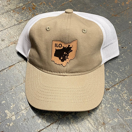 Indian Lake Ohio Map Leather Patch Khaki White Trucker Ball Cap