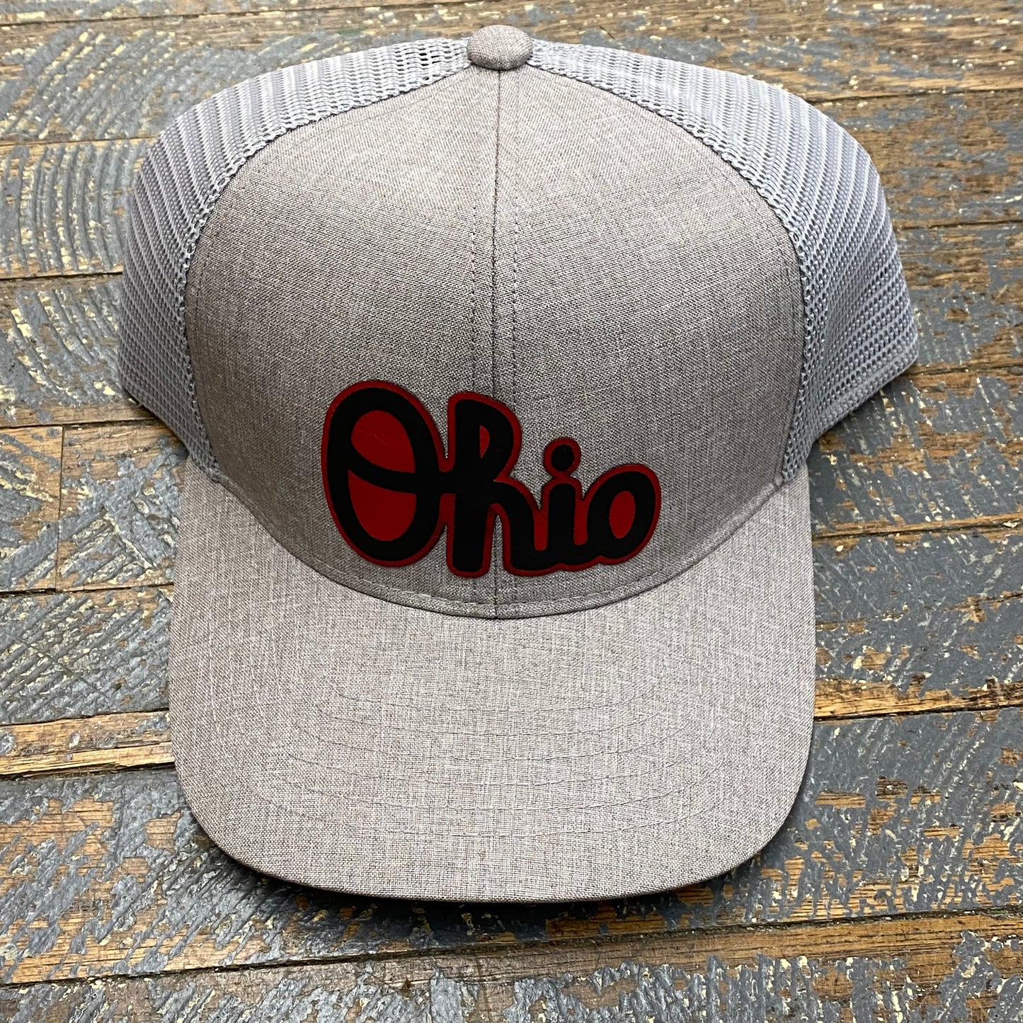 OHIO Script Red Leather Patch Trucker Ball Cap Grey Grey