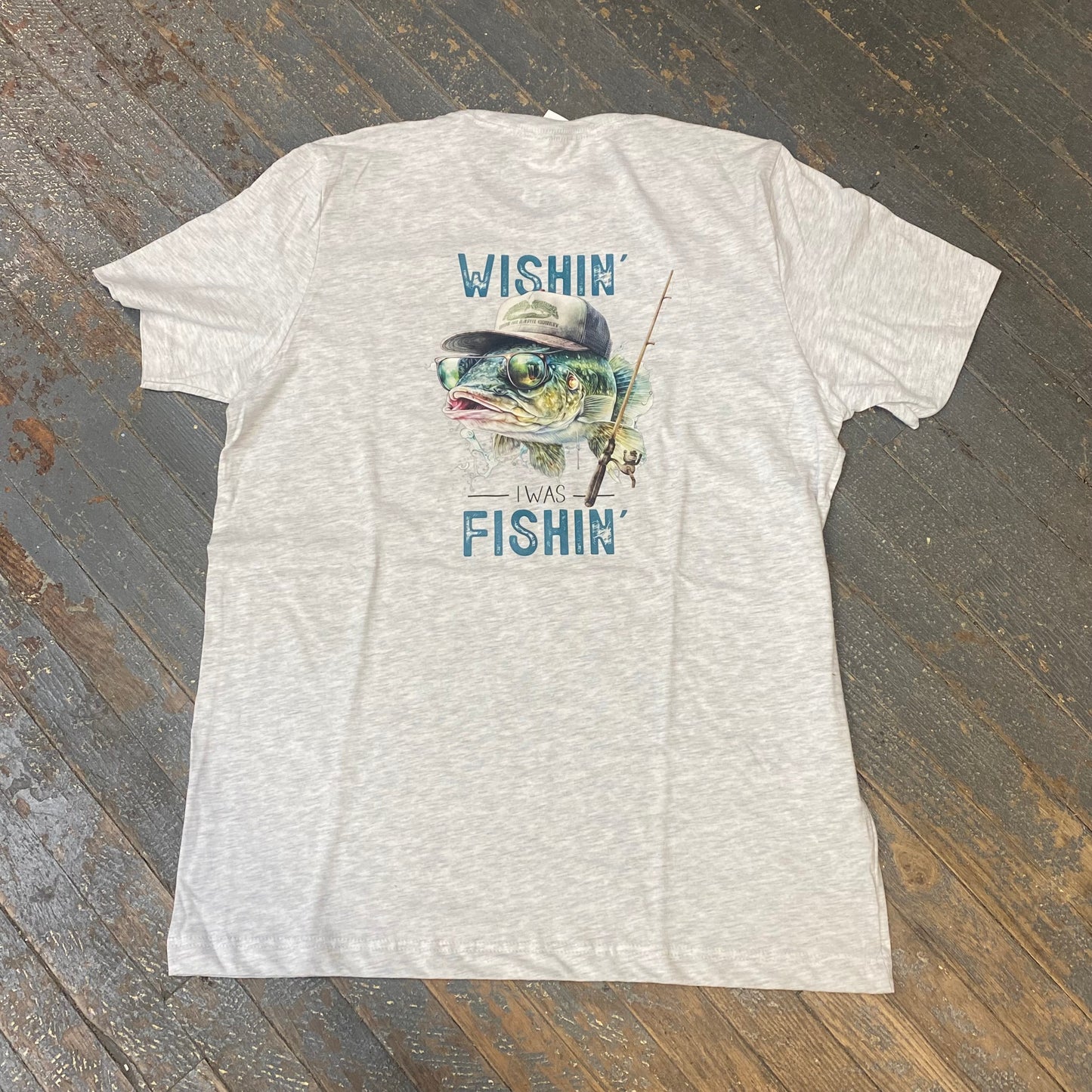 Wishin I was Fishin Short Sleeve T-Shirt Grey Graphic Designer Tee Back