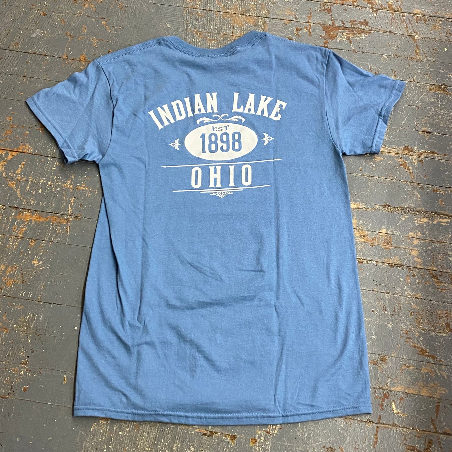 Indian Lake Ohio 1898 Steel Blue Graphic Designer Short Sleeve T-Shirt Back