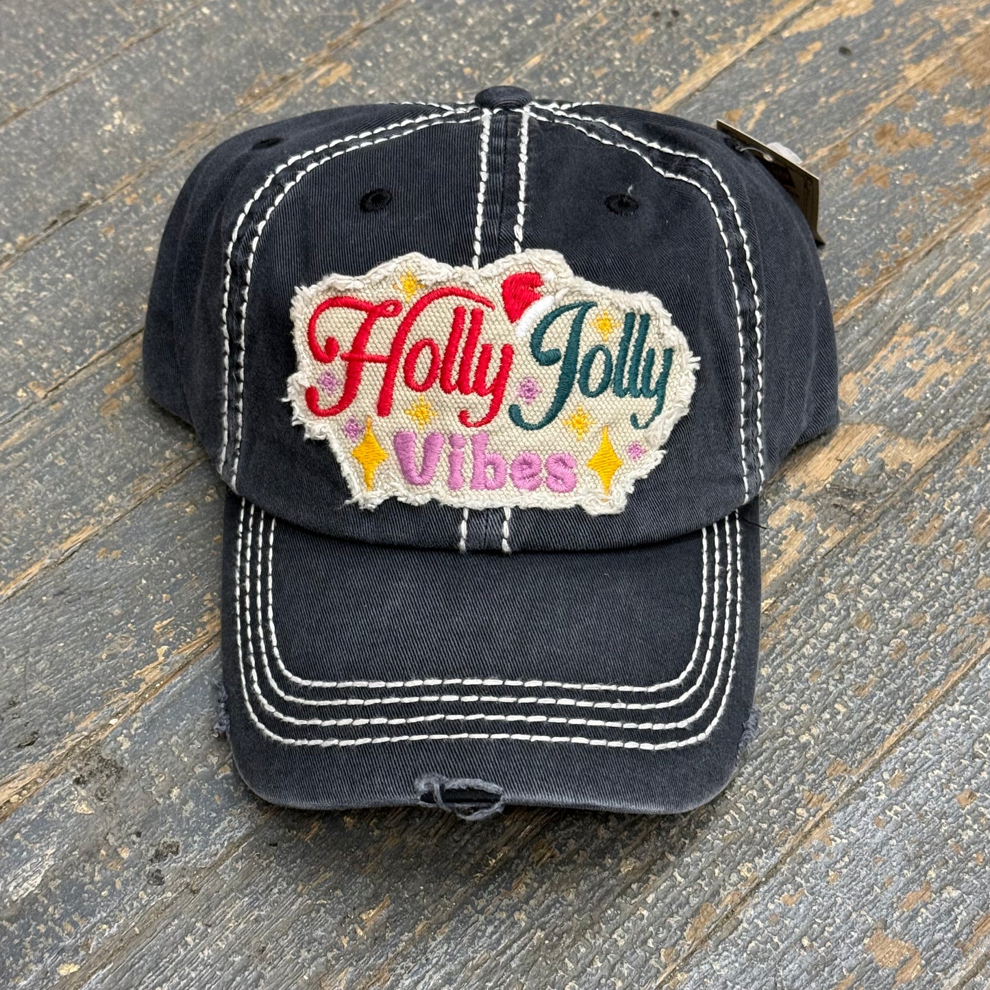 Holly Jolly Vibes Patch Rugged Black Embroidered Ball Cap