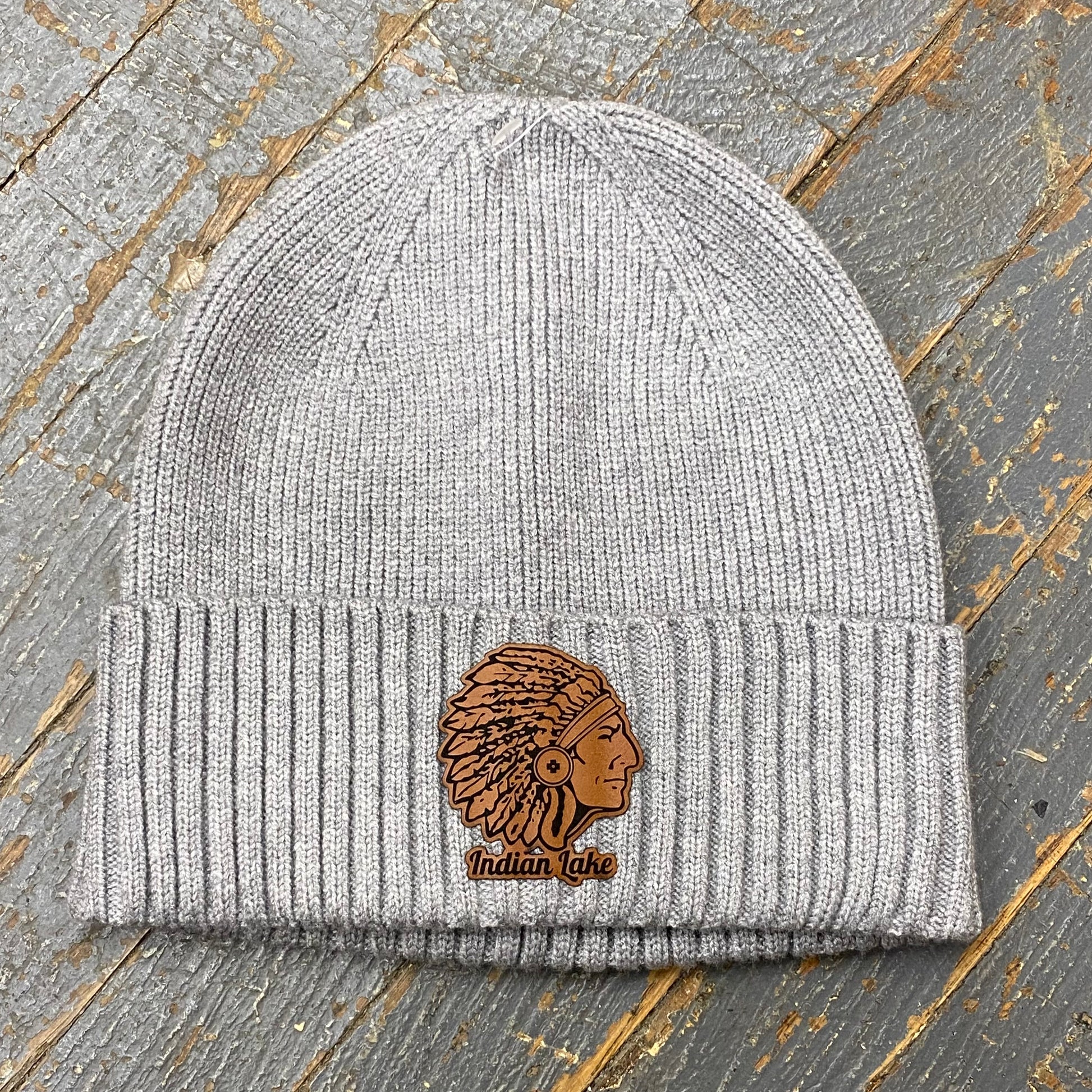 Indian Lake Ohio Indian Leather Patch Beanie Ball Cap Grey