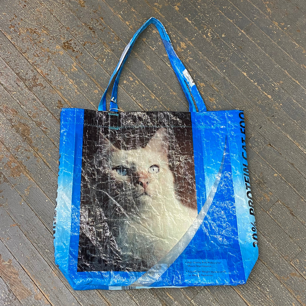 Upcycled Tote Purse Feed Bag Handmade Large Armada Blue Cat Handle Bag