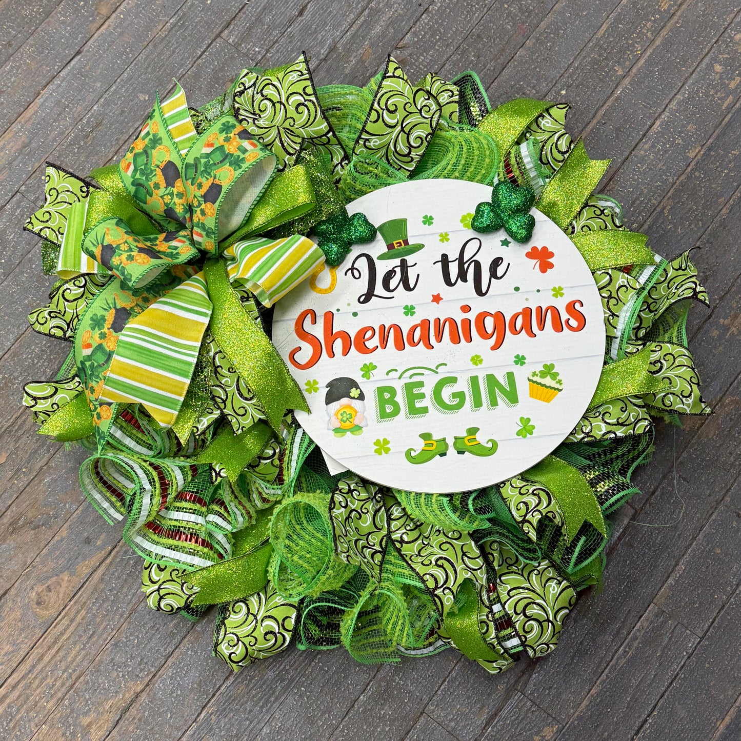 Let the Shenanigans Begin St Patrick's Day Gnome Seasonal Holiday Wreath Door Hanger