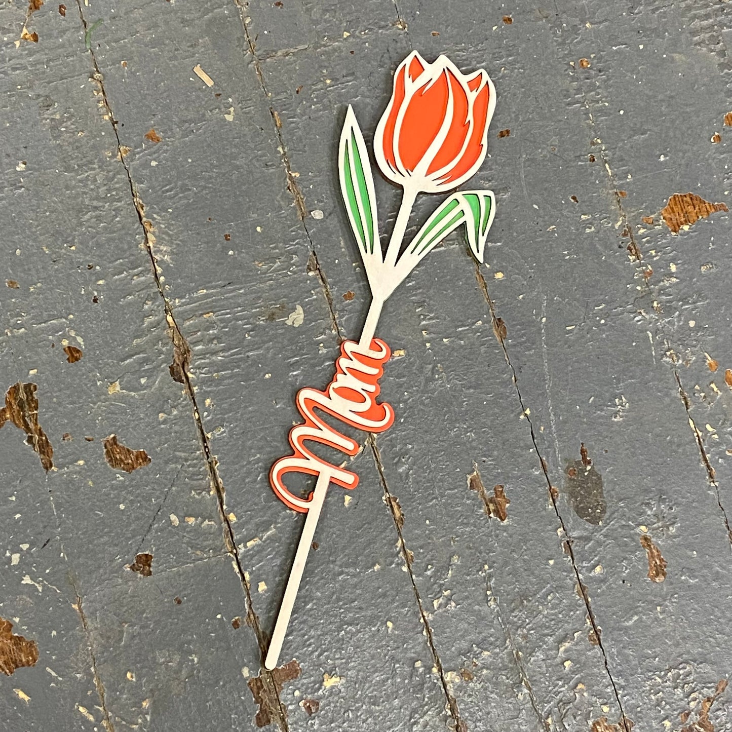 Flower Mom Dimensional Wood Engraved Marker Plant Stake Orange