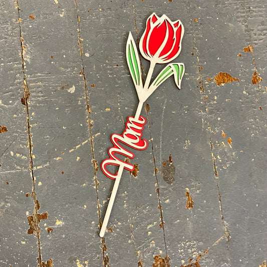 Flower Mom Dimensional Wood Engraved Marker Plant Stake Red