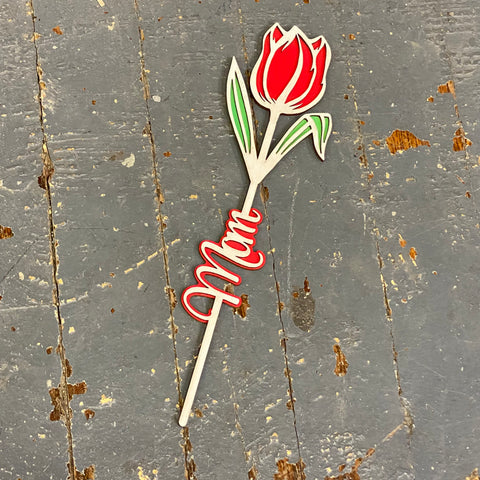 Flower Mom Dimensional Wood Engraved Marker Plant Stake Red