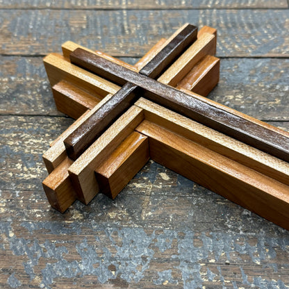 Handmade Layered Dimensional Natural Wooden Resurrection Cross Walnut Maple Cherry