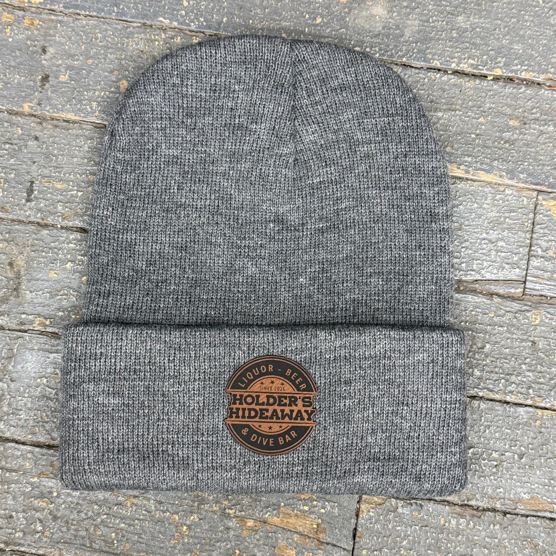 Holders Hideaway Leather Patch Beanie Ball Cap Fold Over Grey