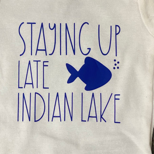 Staying Up Late at Indian Lake Blue Personalized Onesie Bodysuit One Piece Newborn Infant Toddler Outfit