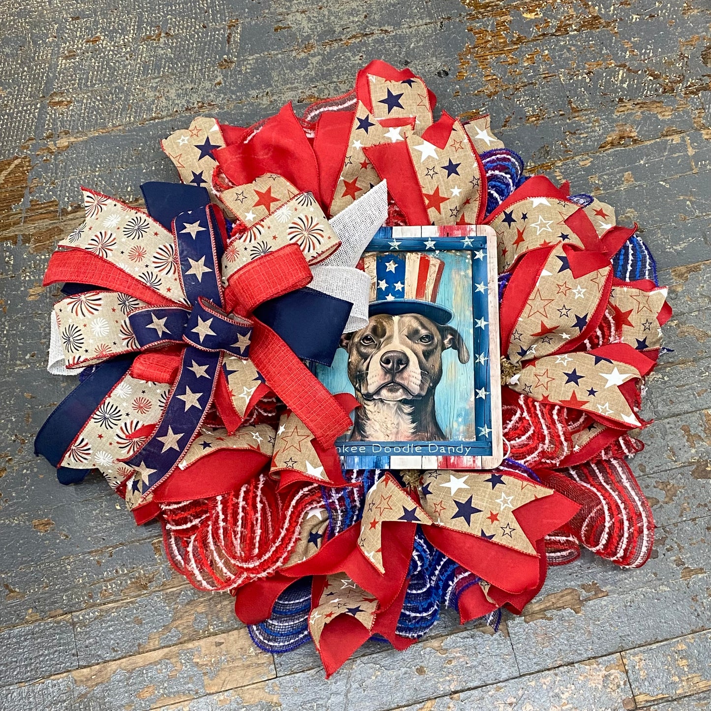 American Flag Uncle Sam Dog Patriotic Holiday Wreath Door Hanger