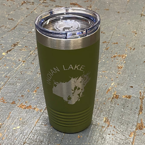 Indian Lake Map Laser Engraved Stainless Steel 20oz Wine Beverage Drink Travel Tumbler Moss Army Green