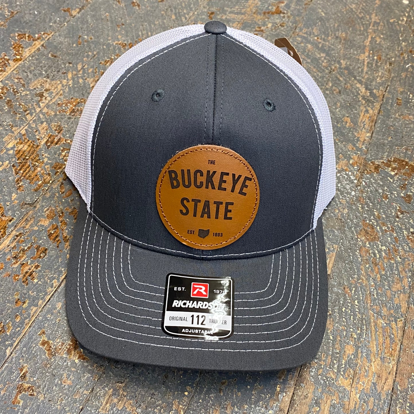 Buckeye State Leather Patch Trucker Ball Cap Charcoal White