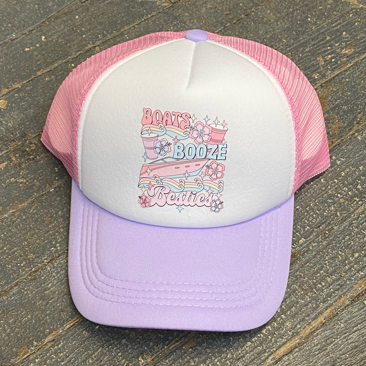 Boats Booze Besties Soft Trucker Ball Cap Purple Pink