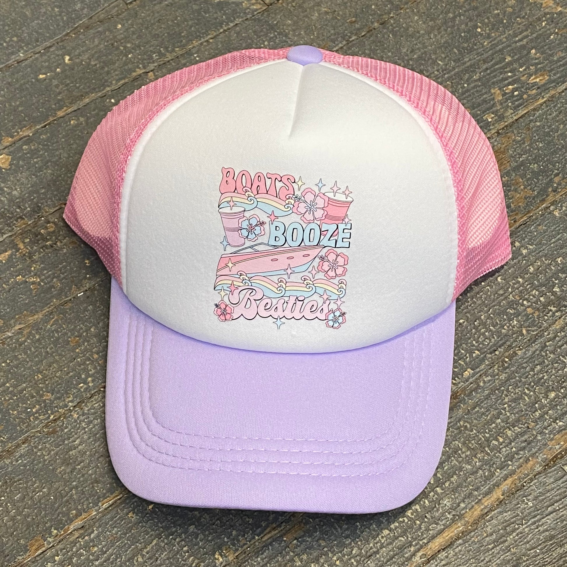 Boats Booze Besties Soft Trucker Ball Cap Purple Pink