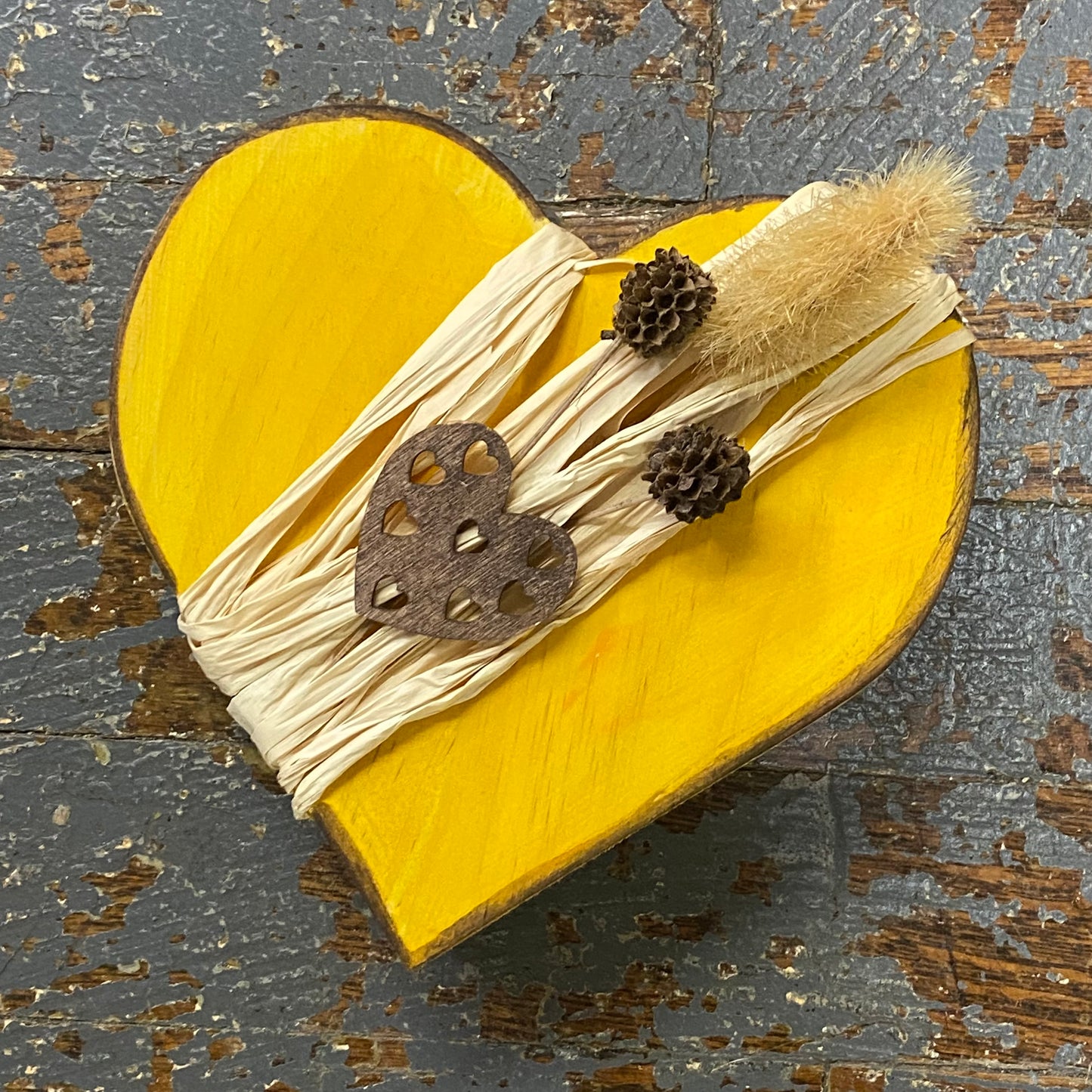 Hand Engraved Wood Heart Decorative Painted Yellow