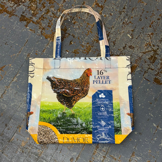 Upcycled Tote Purse Feed Bag Handmade Large Dumor Blue Chicken Seed Handle Bag
