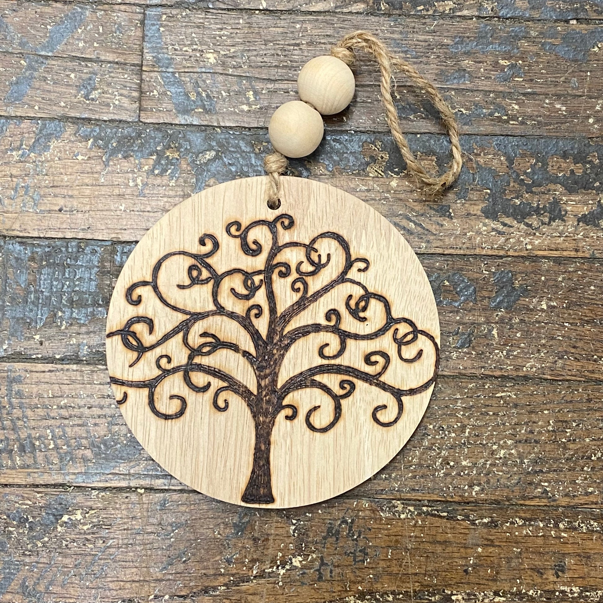 Hand Engraved Wood Ornament Sign Bare Tree