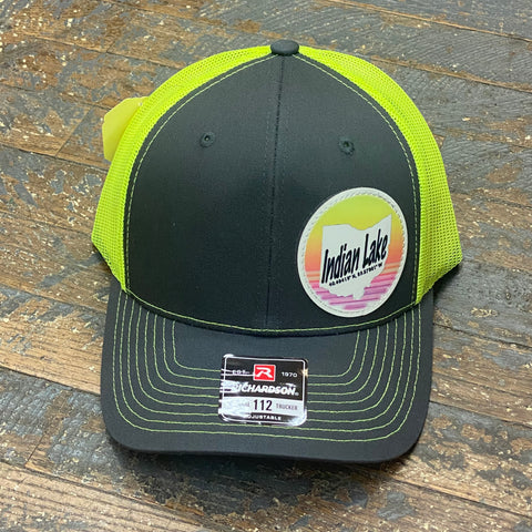 Indian Lake Coordinates Leather Patch Trucker Ball Cap Grey Neon Yellow