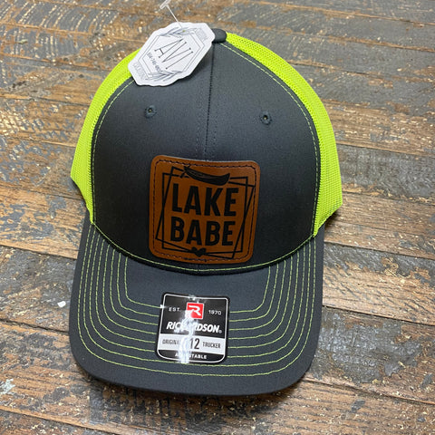 Lake Babe Leather Patch Trucker Ball Cap Grey Neon Yellow