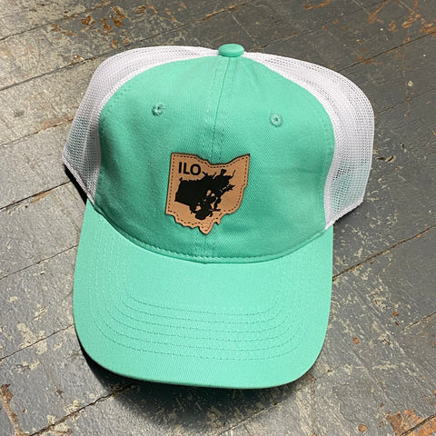 Indian Lake Ohio Map Leather Patch Seafoam Green White Trucker Ball Cap