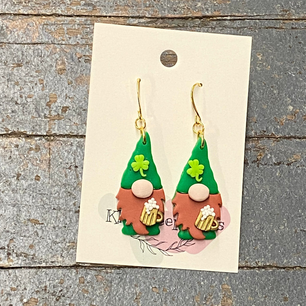 Clay St Patricks Day Lucky Irish Gnome Gold Dangle Earring Set