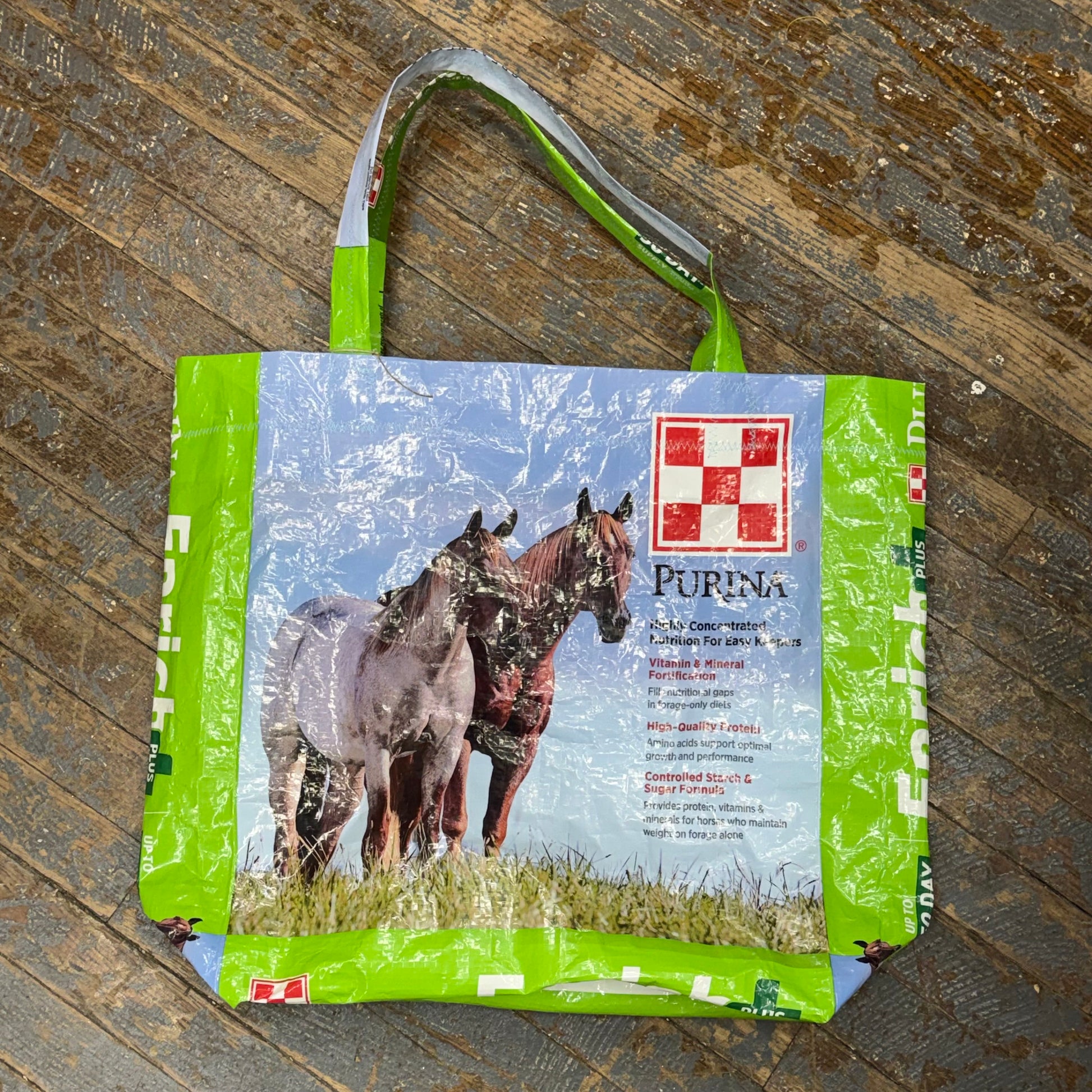 Upcycled Tote Purse Feed Bag Handmade Equine Horse Seed Purina Green Handle Bag