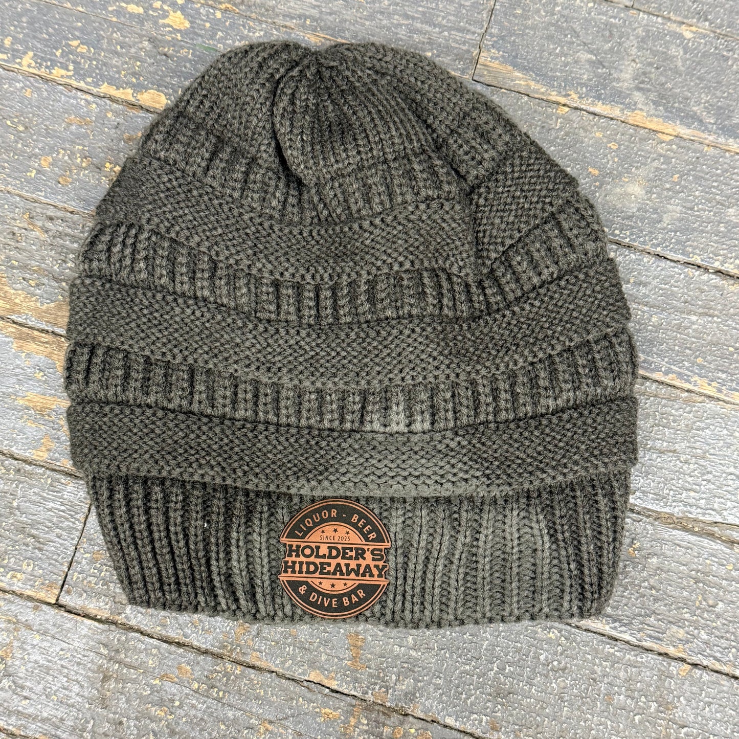 Holders Hideaway Leather Patch Beanie Ball Cap Ladies Knit Dark Grey