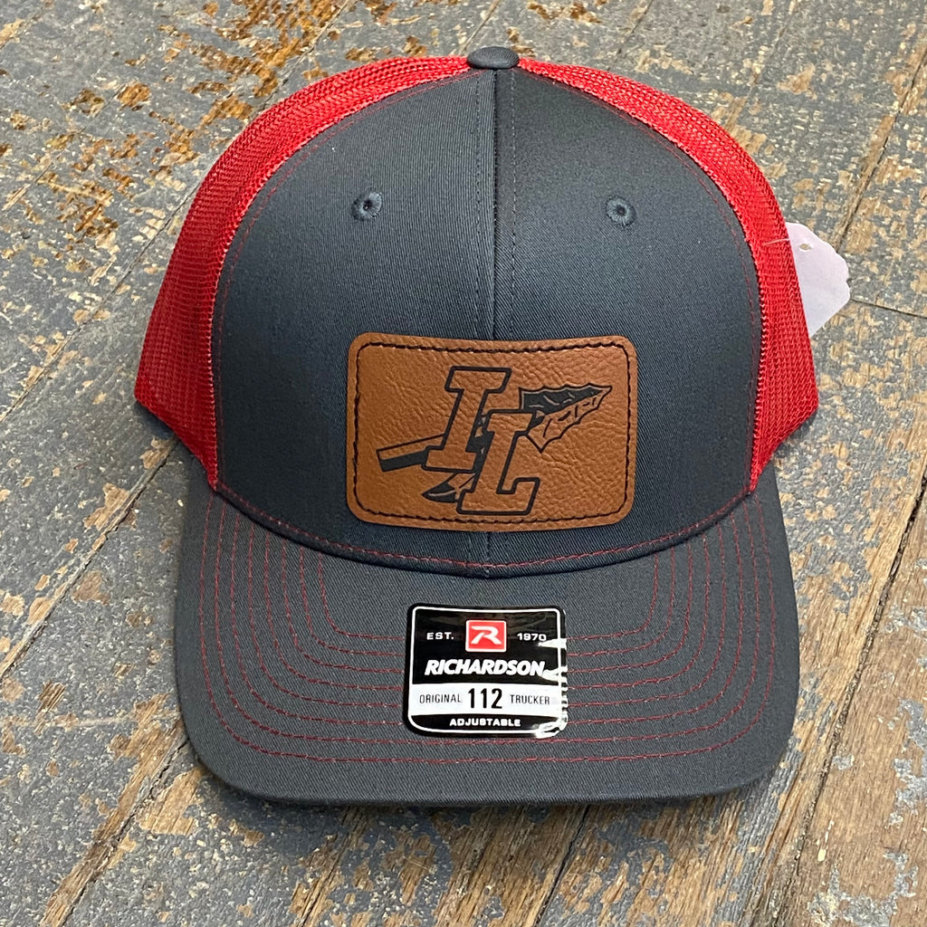 Indian Lake Lakers Spear Leather Patch Trucker Ball Cap Grey Red