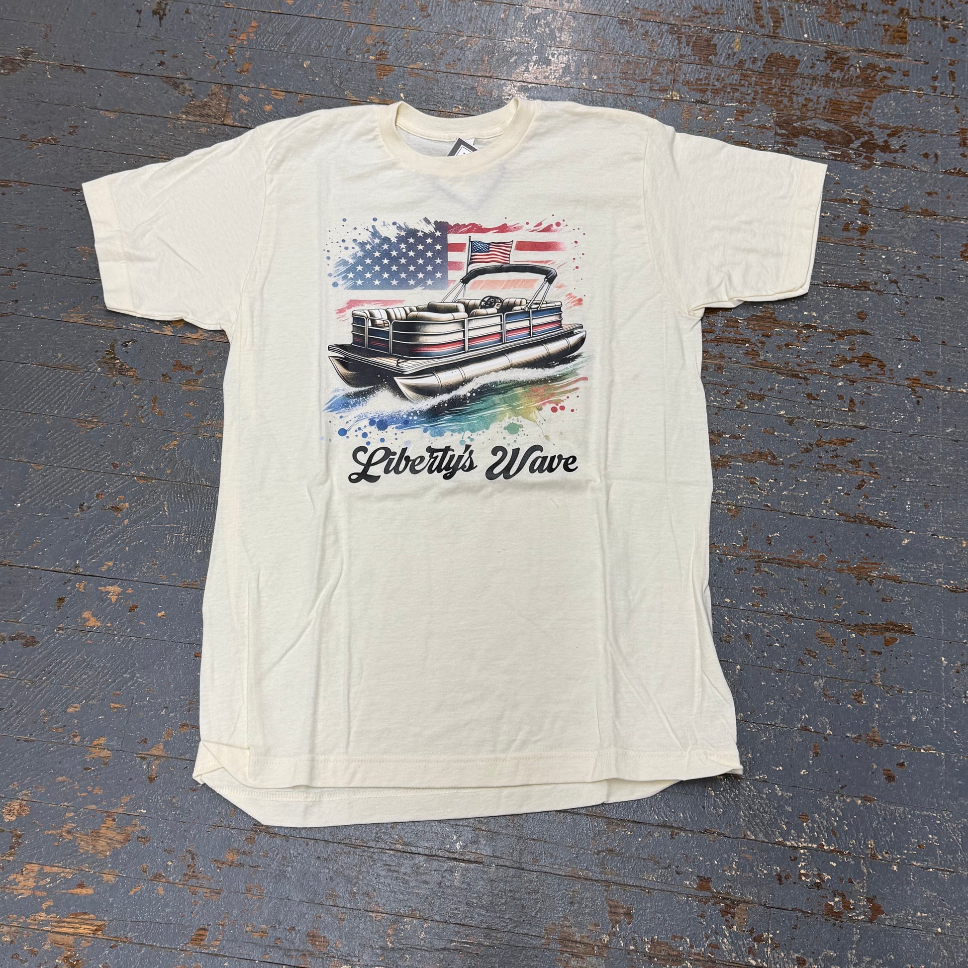 Liberty Waves Pontoon Boat American Flag Cream Graphic Designer Short Sleeve T-Shirt