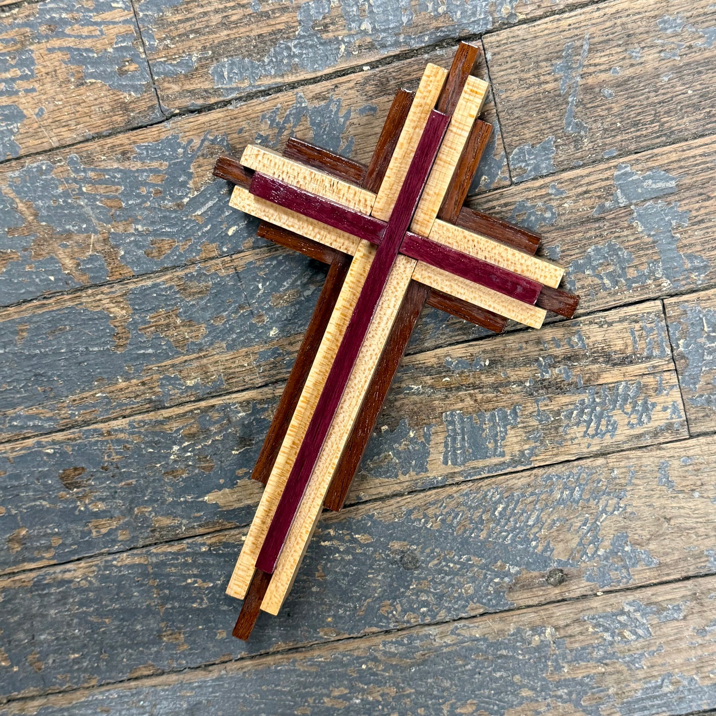 Handmade Layered Dimensional Natural Wooden Resurrection Cross Purple Heart Maple Black Mesquite