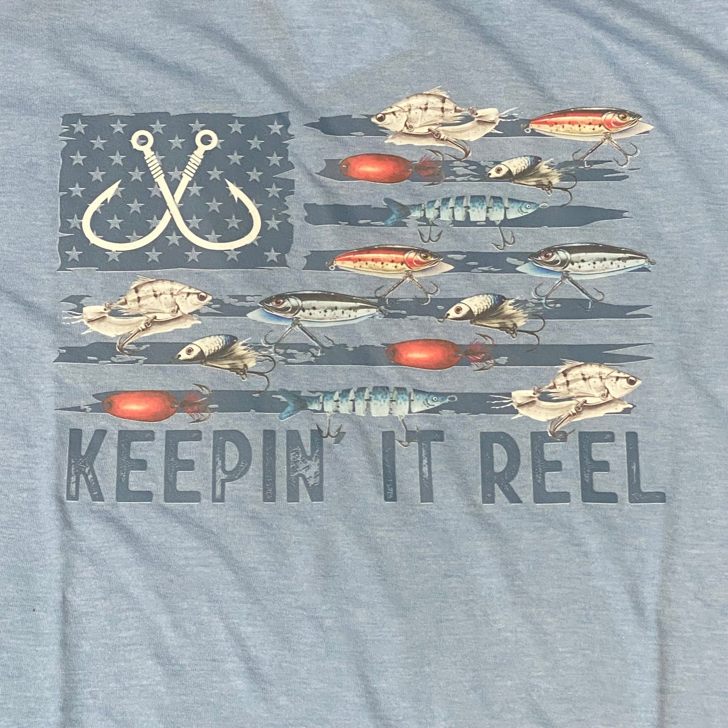 Keepin It Reel Flag Fish Lure Short Sleeve T-Shirt Blue Graphic Designer Tee