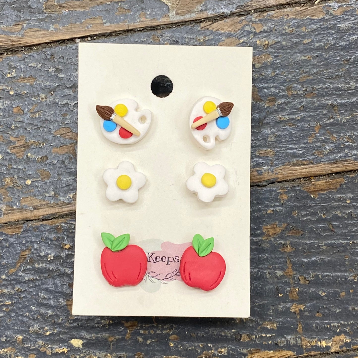 Clay 3 Pair Back to School Teacher Art Flower Apple Post Earring Set